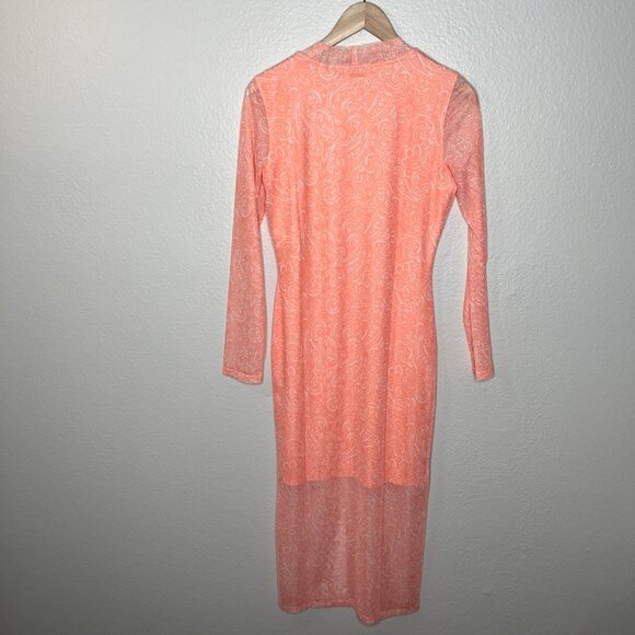 Hugo Boss Womens Nasusi Long Sleeve Orange Stretch Mesh Paisley Midi Dress Large - Picture 8 of 13